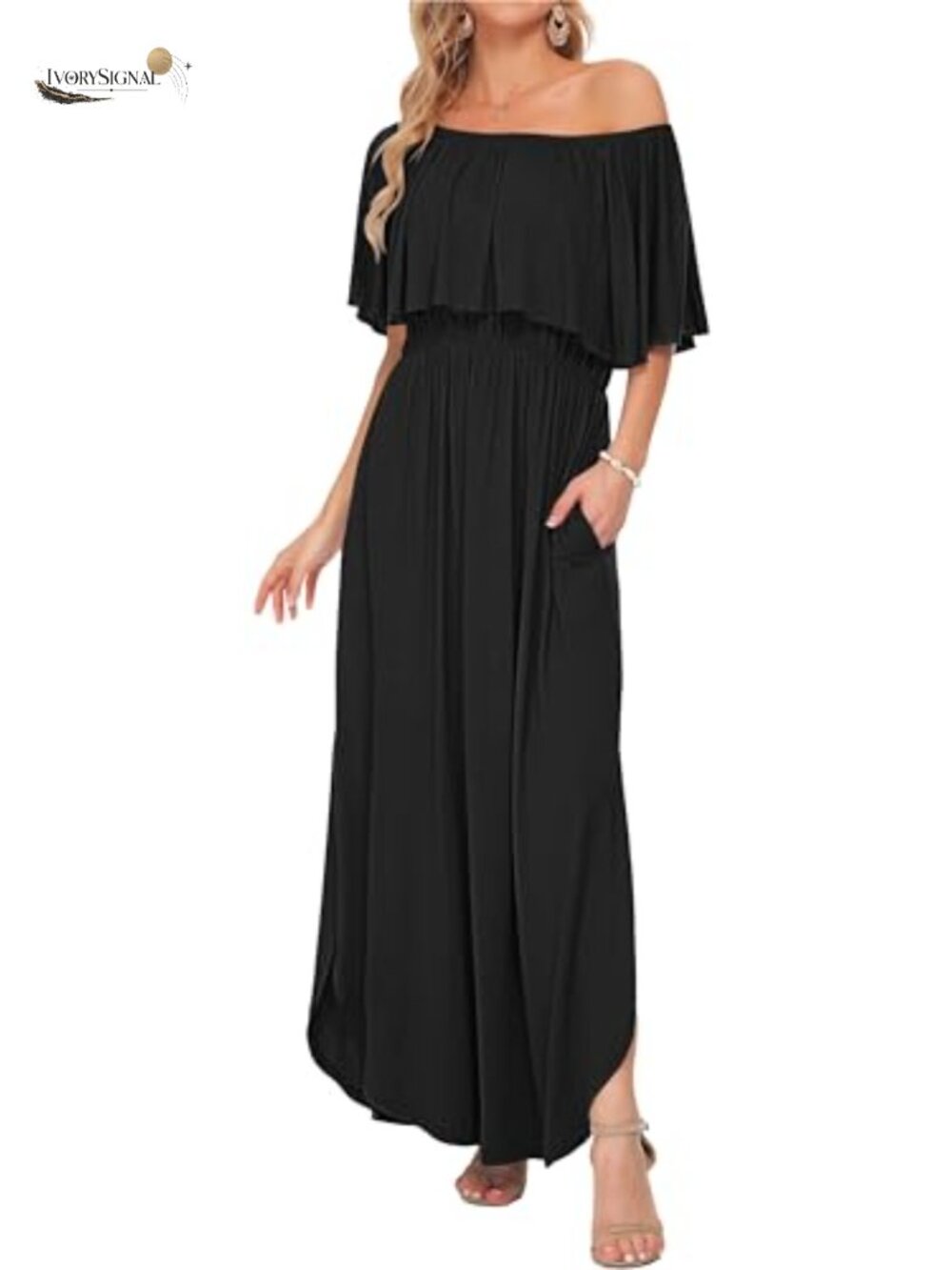 Off Shoulder Ruffle Split Summer Maxi Dress with Pockets
